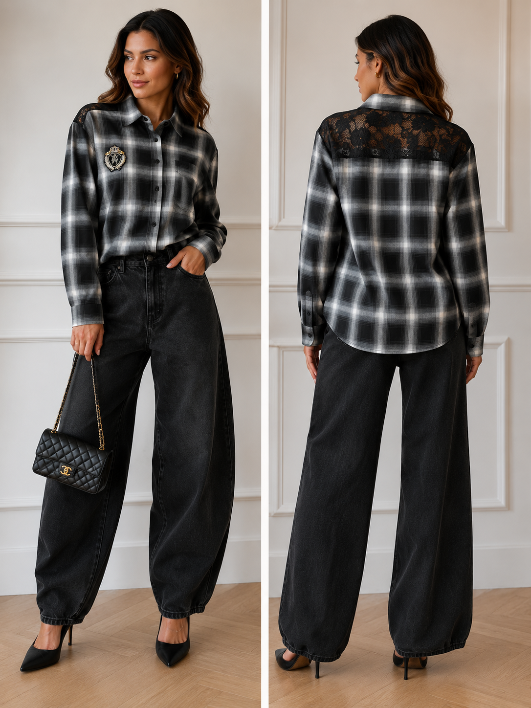 Zwart Grijze geruite blouse met kant