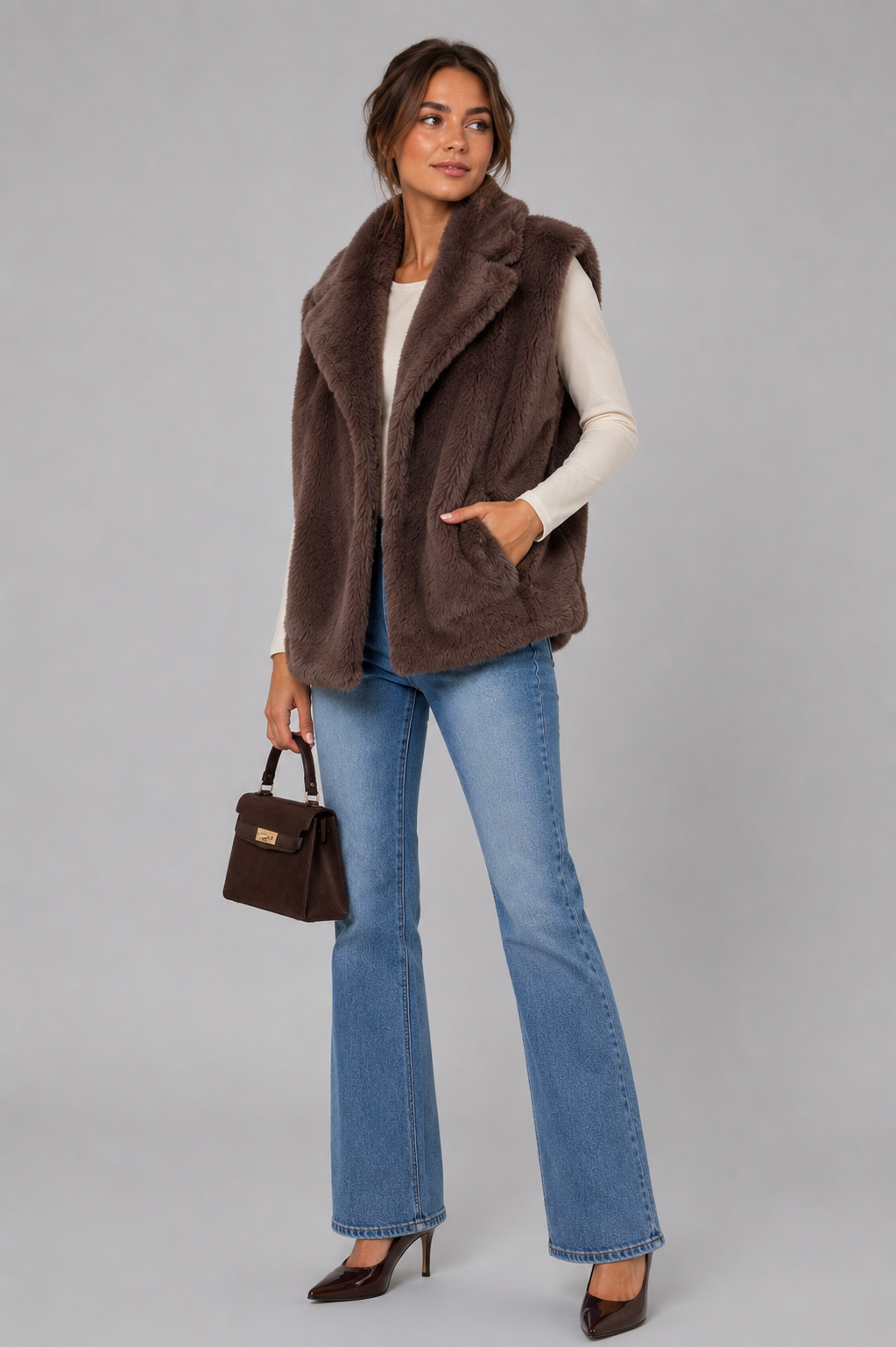 Faux Fur bodywarmer- Taupe Mushroom