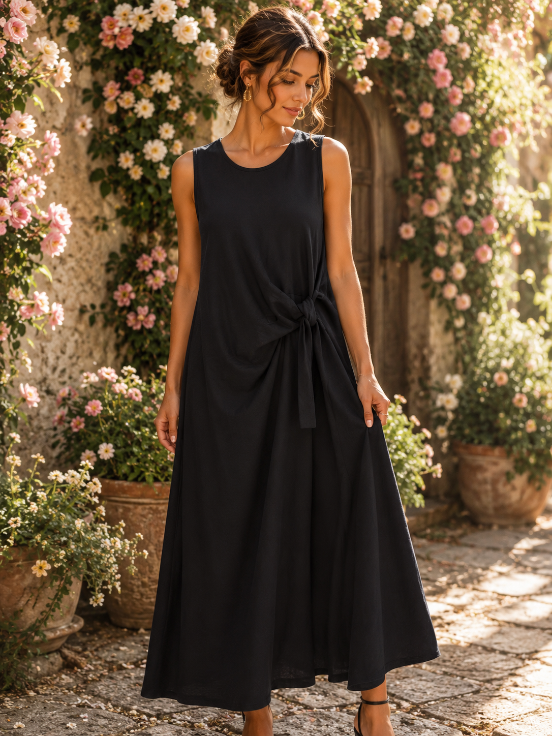 Elegante zwarte maxi-jurk met strikdetail -Zwart one-size