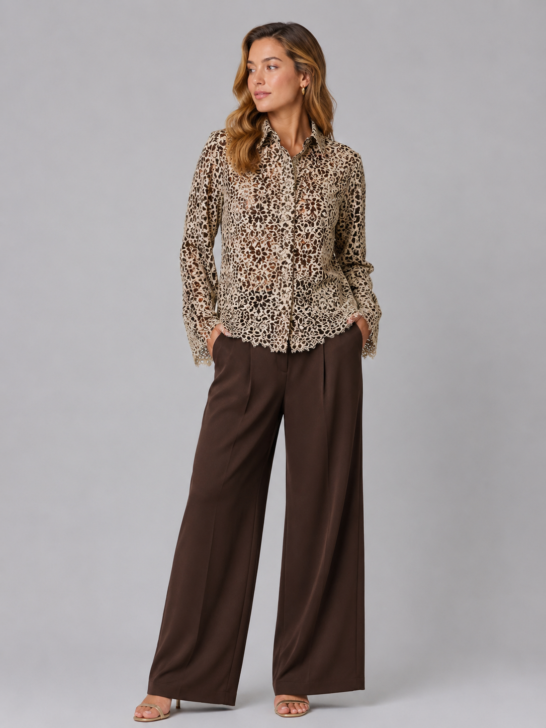 Kanten Blouse Lang Créme/Taupe