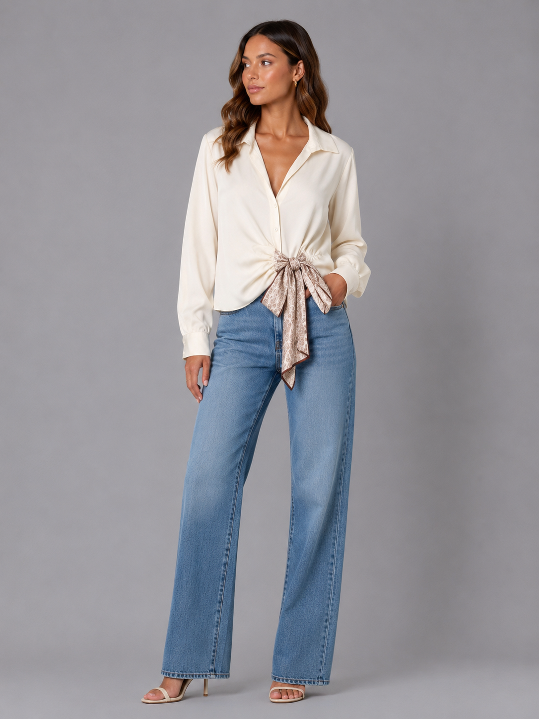Blouse met sjaaltje - Creme/wit