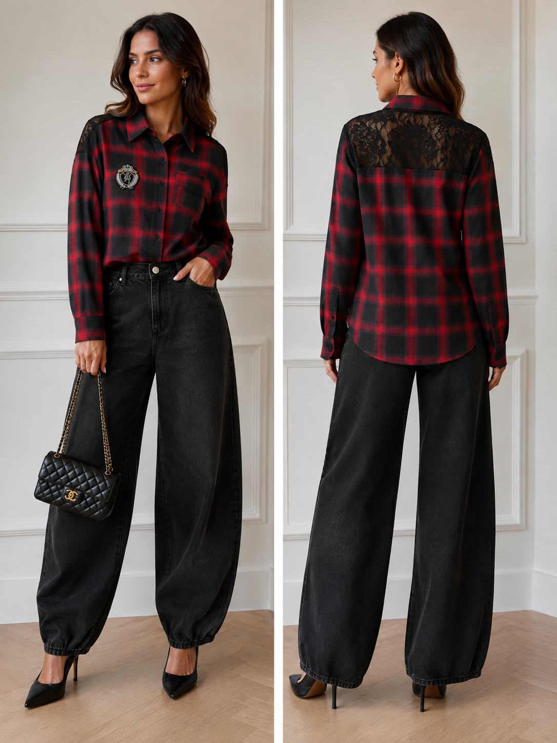 Rood-zwarte geruite Blouse met kant