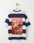 Dames T-shirt Blauw/wit Gestreept met Backprint one-size
