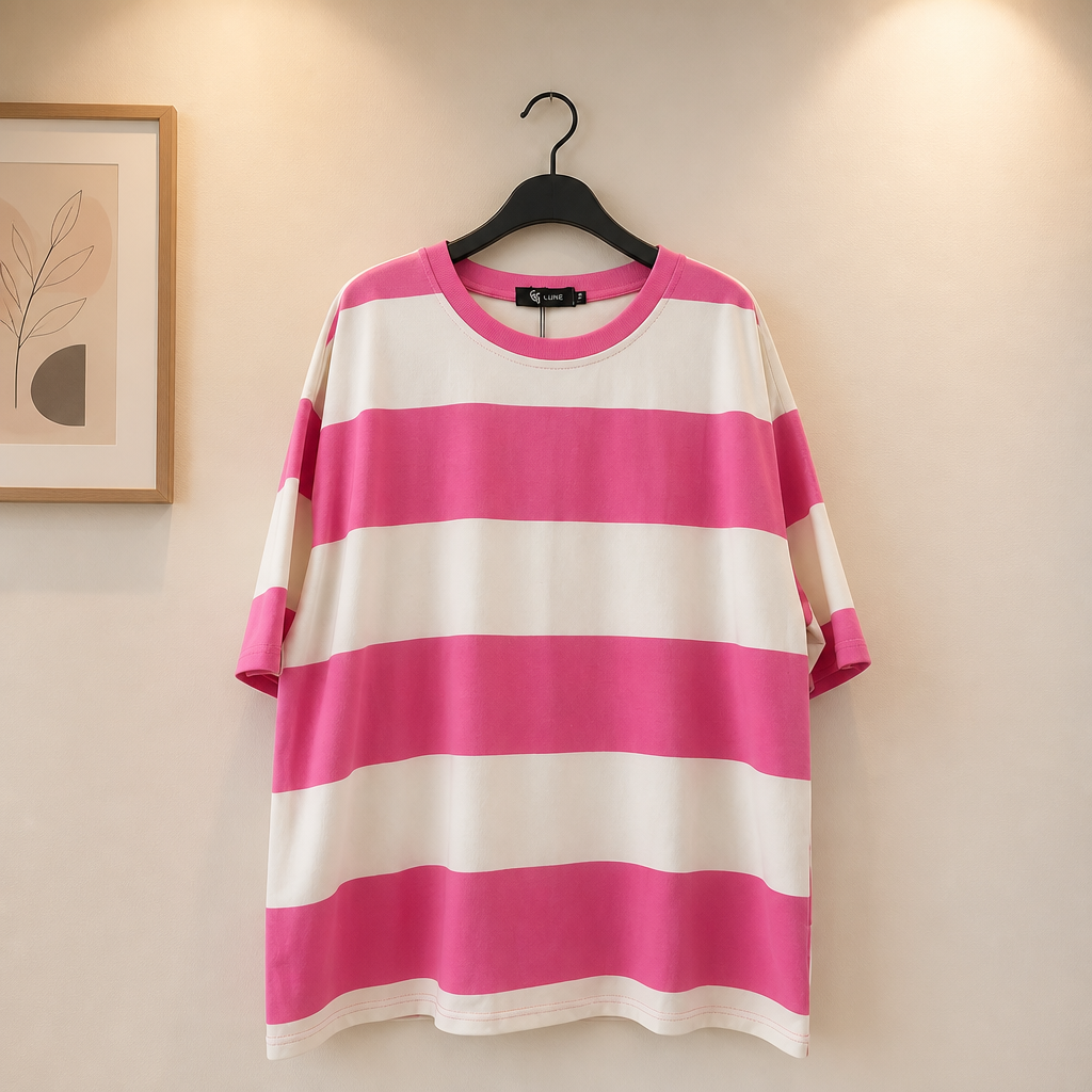 Dames T-shirt Roze/Wit gestreept met Backprint one/size