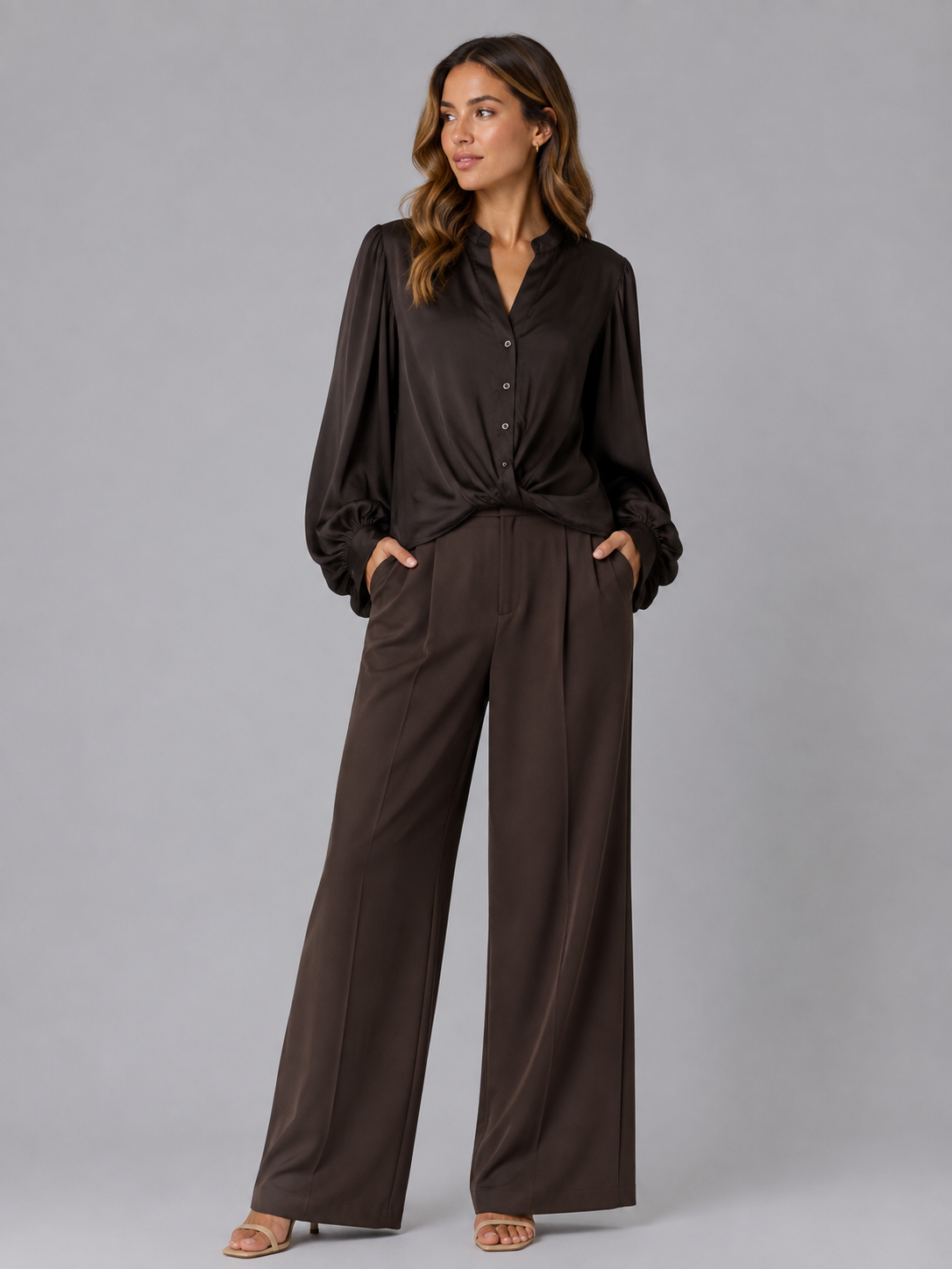 Satijnen blouse - Donkerbruin