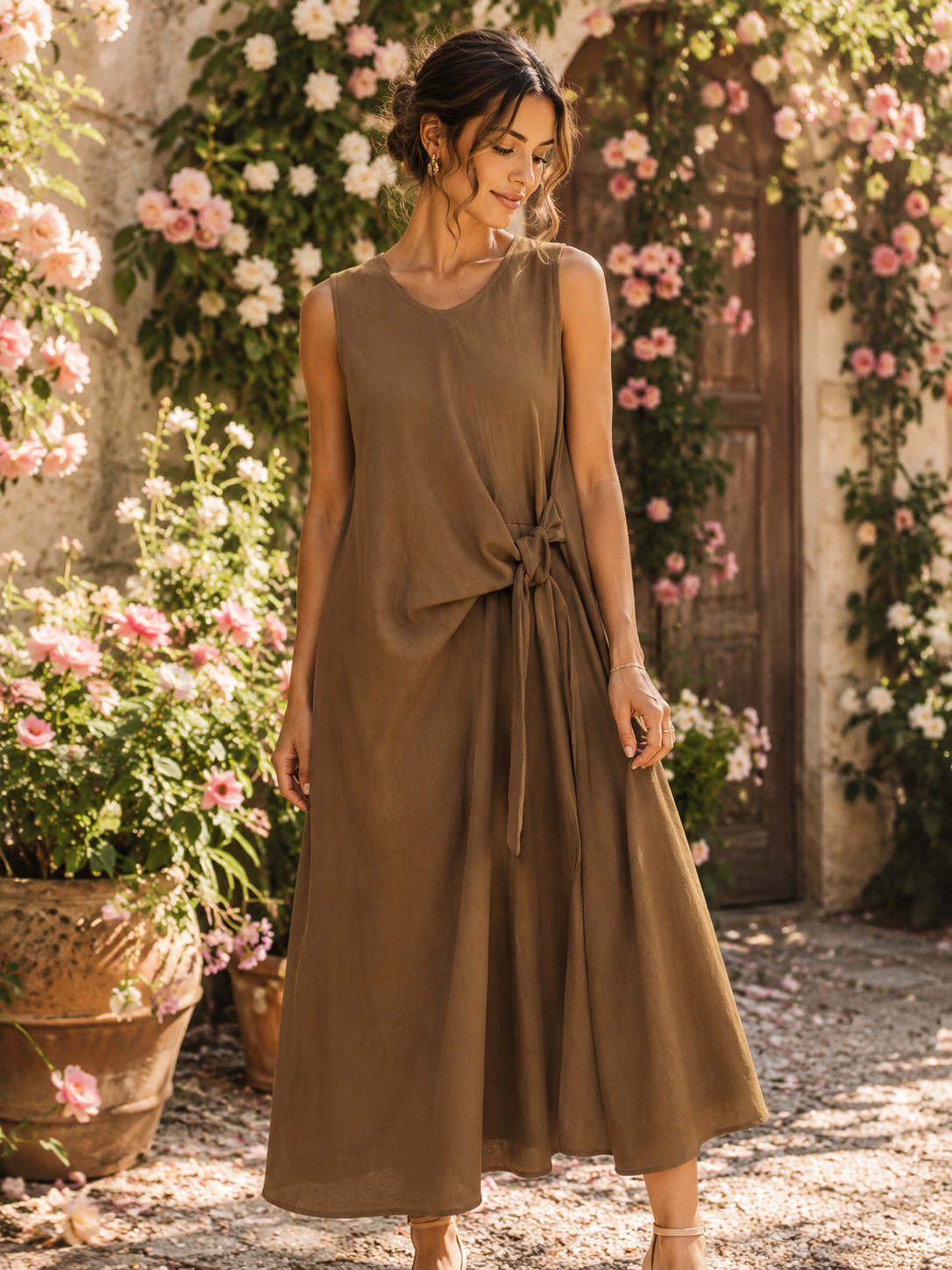 Elegante maxi-jurk met strikdetail - donkerbruin one-size