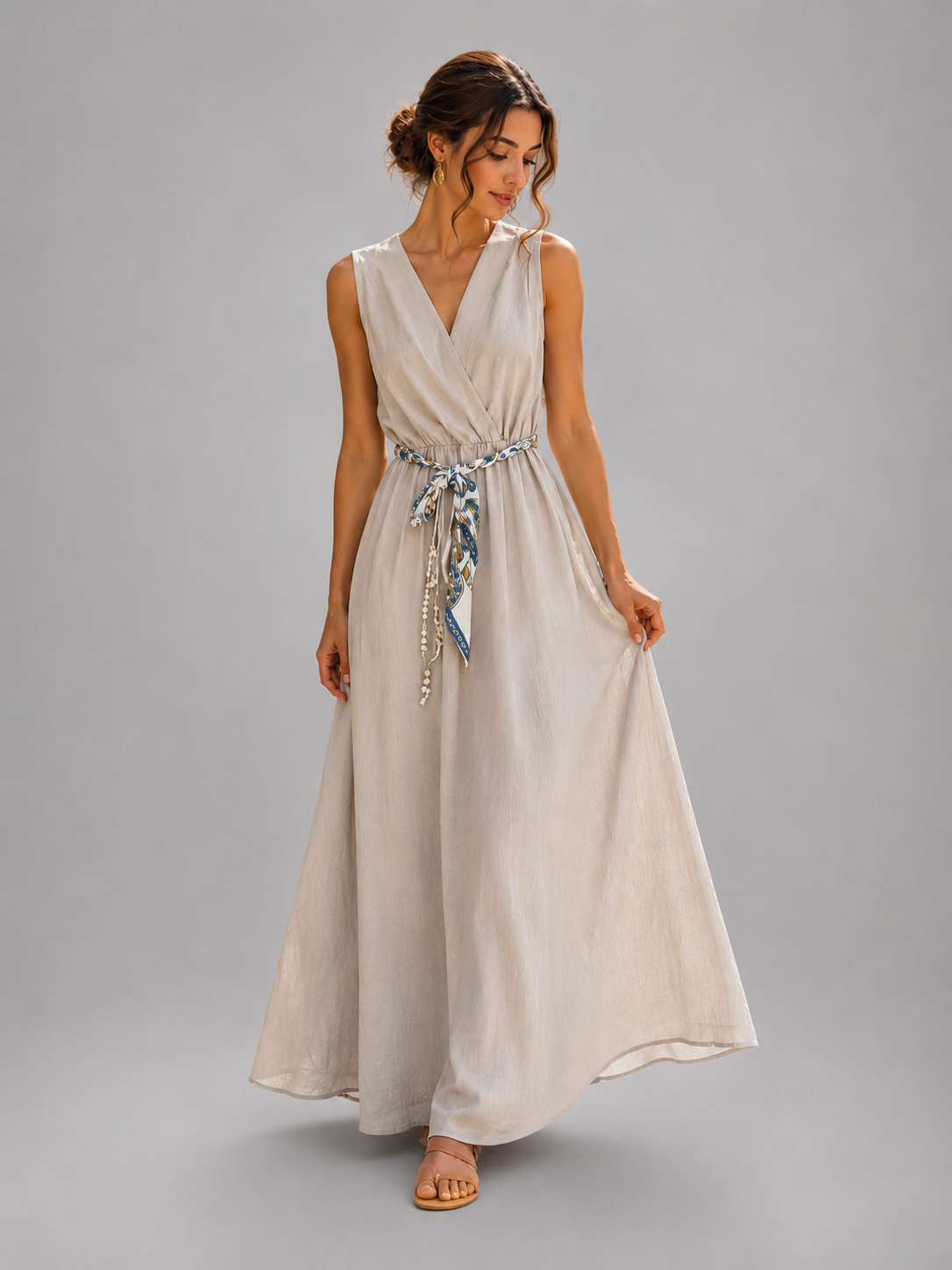 Lange maxi-jurk met sjaalriem - Grijs