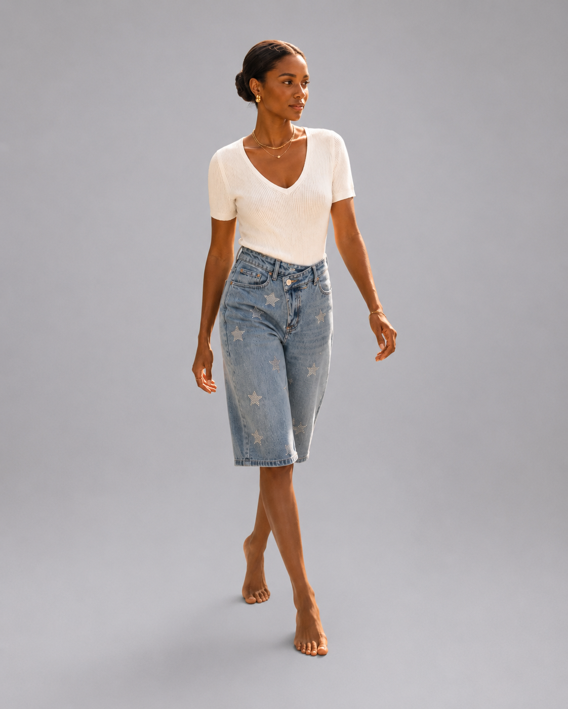 Jeans Bermuda met strass Sterren - Lichtblauw
