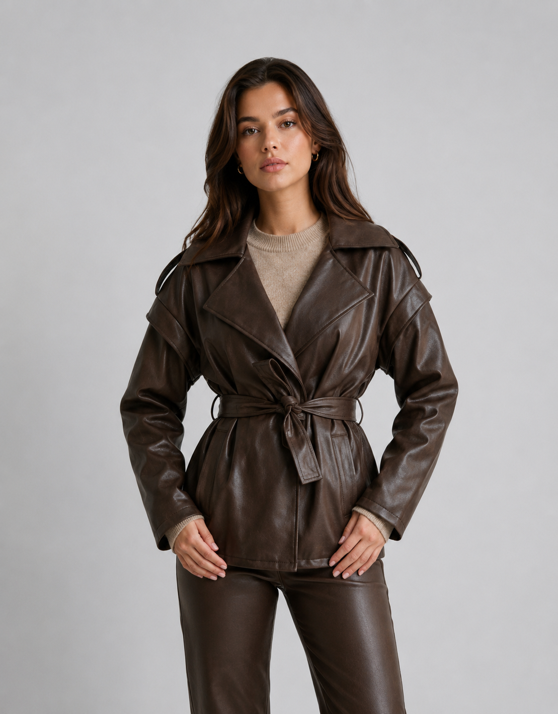 26127 Leren trenchcoat bruin